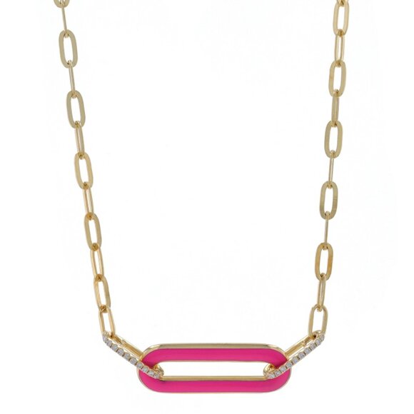 Yellow Gold Diamond & Pink Enamel Bar Link Necklace - 14k Reversible Adjustable